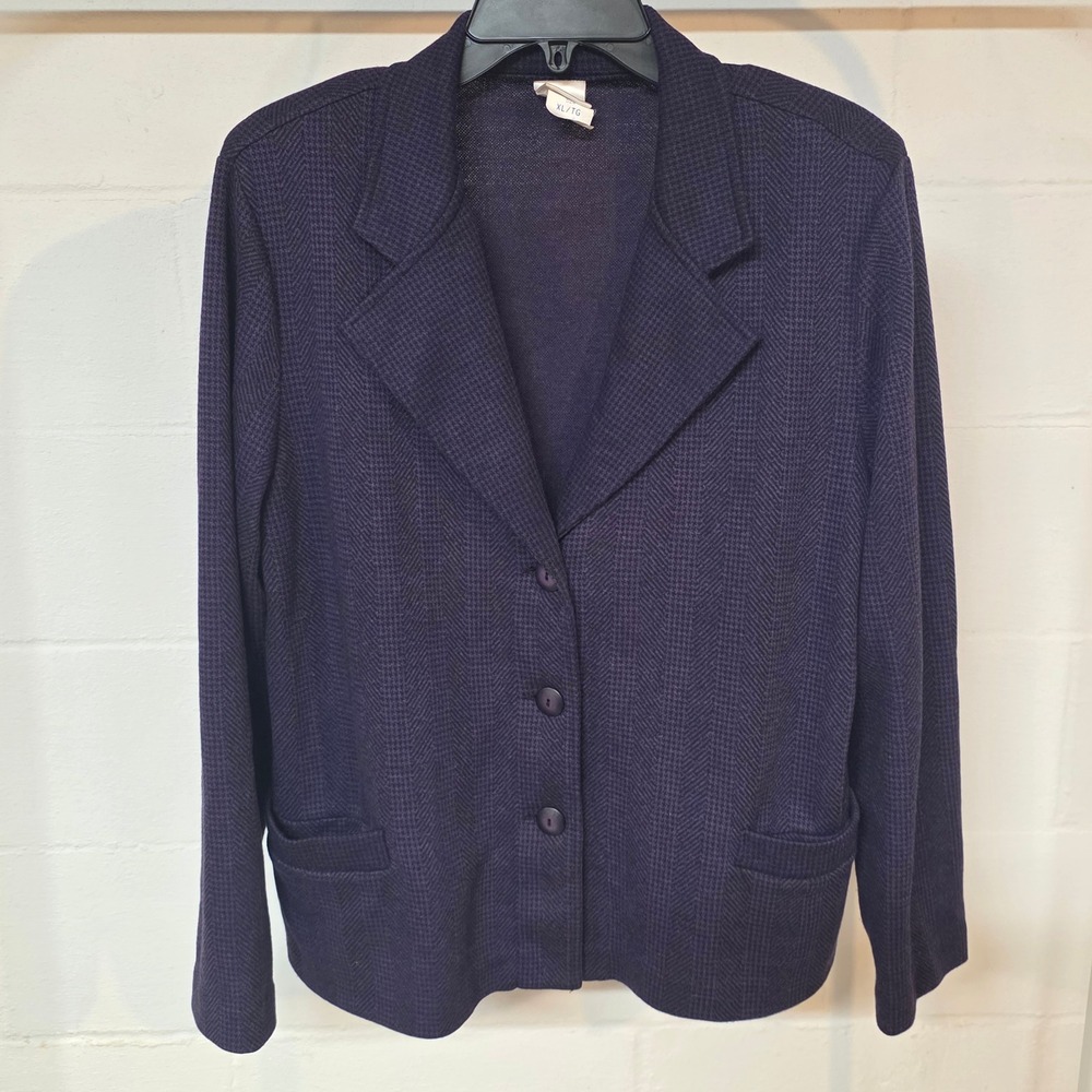 Vintage Weekenders Purple Black Herringbone Knit Cotton Blend Blazer Womens XL